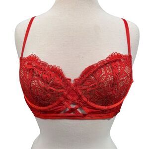 Adore Me Diara Balconette Bra 34C Red Lace Underwire Adjustable Straps